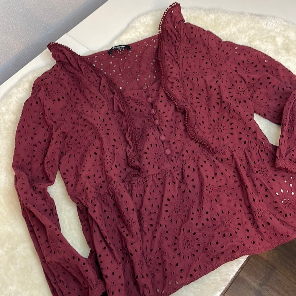 Madewell Long Sleeve Maroon Eyelet Detailed Blouse Size Small - Picture 4 of 11